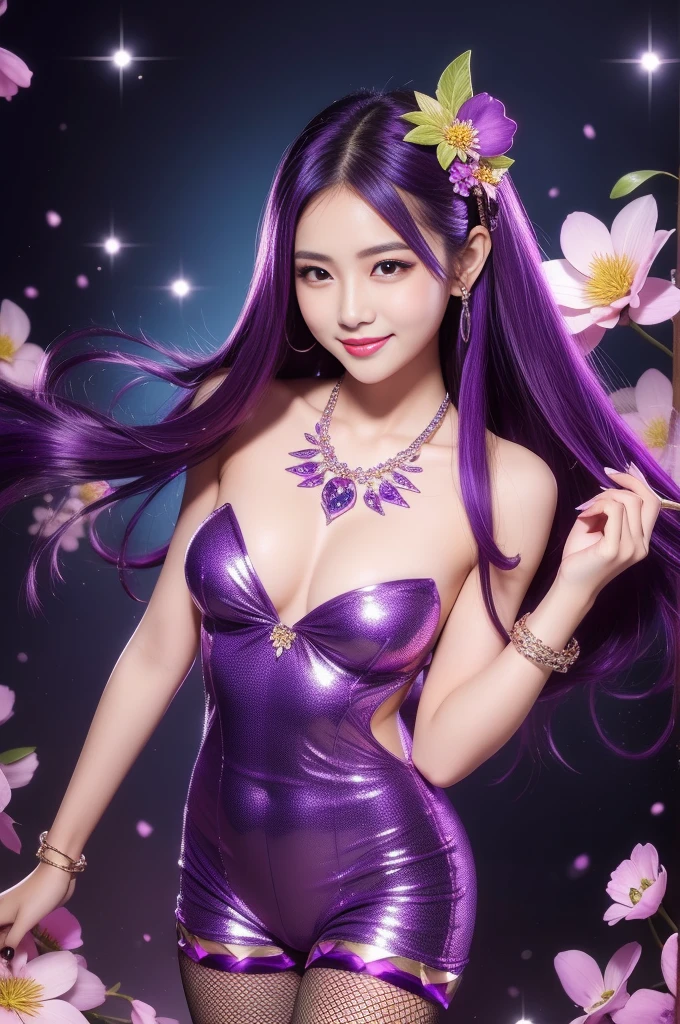 sexy Thai model who controls poison、beautiful smile、lipgloss、intense makeup、look at the camera、full body Esbian、、sparkling poisoned flower costume (purple)、、、、shiny sparkling multicolor hair、secrete poison、skull hair accessories、fishnet tights、shiny sparkling flowers background