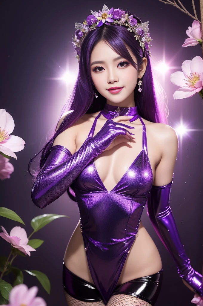sexy Thai model who controls poison、beautiful smile、lipgloss、intense makeup、look at the camera、full body Esbian、、sparkling poisoned flower costume (purple)、、、、shiny sparkling multicolor hair、secrete poison、skull hair accessories、fishnet tights、shiny sparkling flowers background