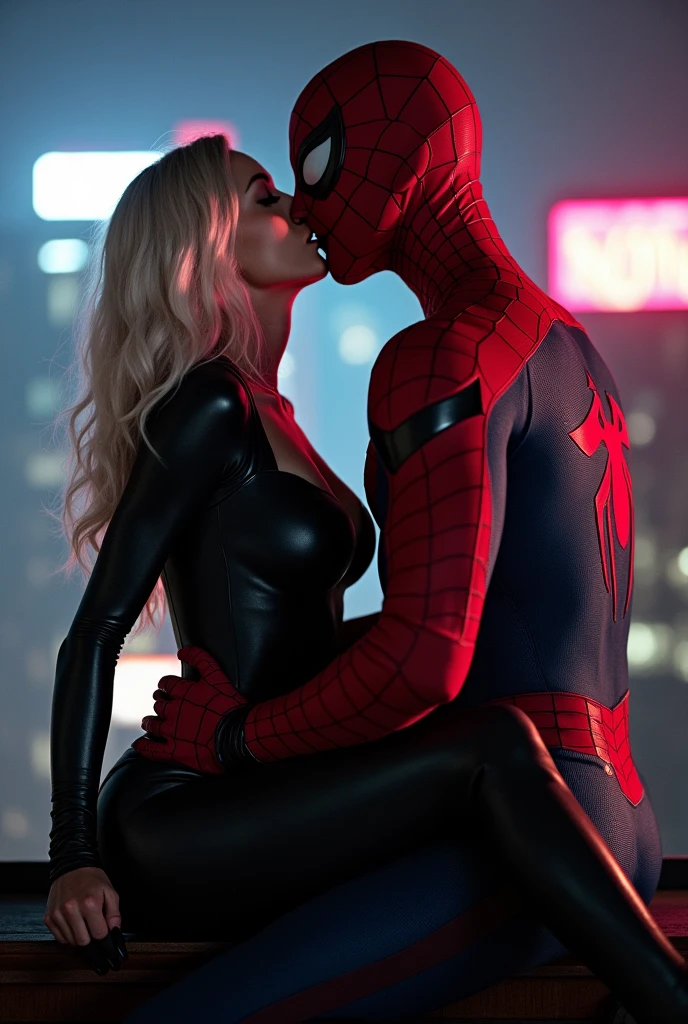 A stunning portrait of Felicia Hardy grinding her ass into a muscular Peter Parker, Spider-Man , kissing, French kiss, passionate kiss, she is young and beautiful, her hair is white, she is wearing a black leather body suit unzipped to her belly button, cleavage, sexy, seductive, large breasts, athletic body, narrow waist, wide hips, he is not wearing his mask, Peter Parker’s face, he is grabbing her perfect ass in his hands, her head is thrown back in ecstasy. (((He is not wearing his mask)))
Location: location is city rooftop at night. Neon lights
Action: she is sitting on top of him, straddling him, he is grabbing her ass passionately, her breasts are pressed against him.