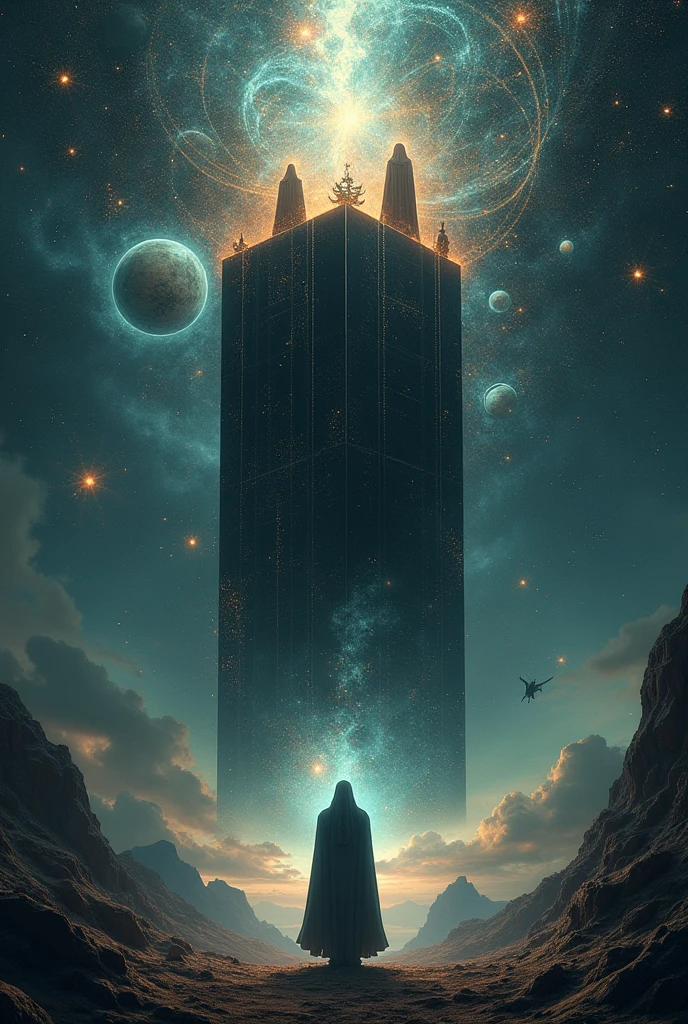 Black box out of space and time, idea of divine beings, interaction of the cosmos, neural network of a brain, hindu idea, brahma, daemons behind with alot alien ships watching over human population, resembeling man and spirits.