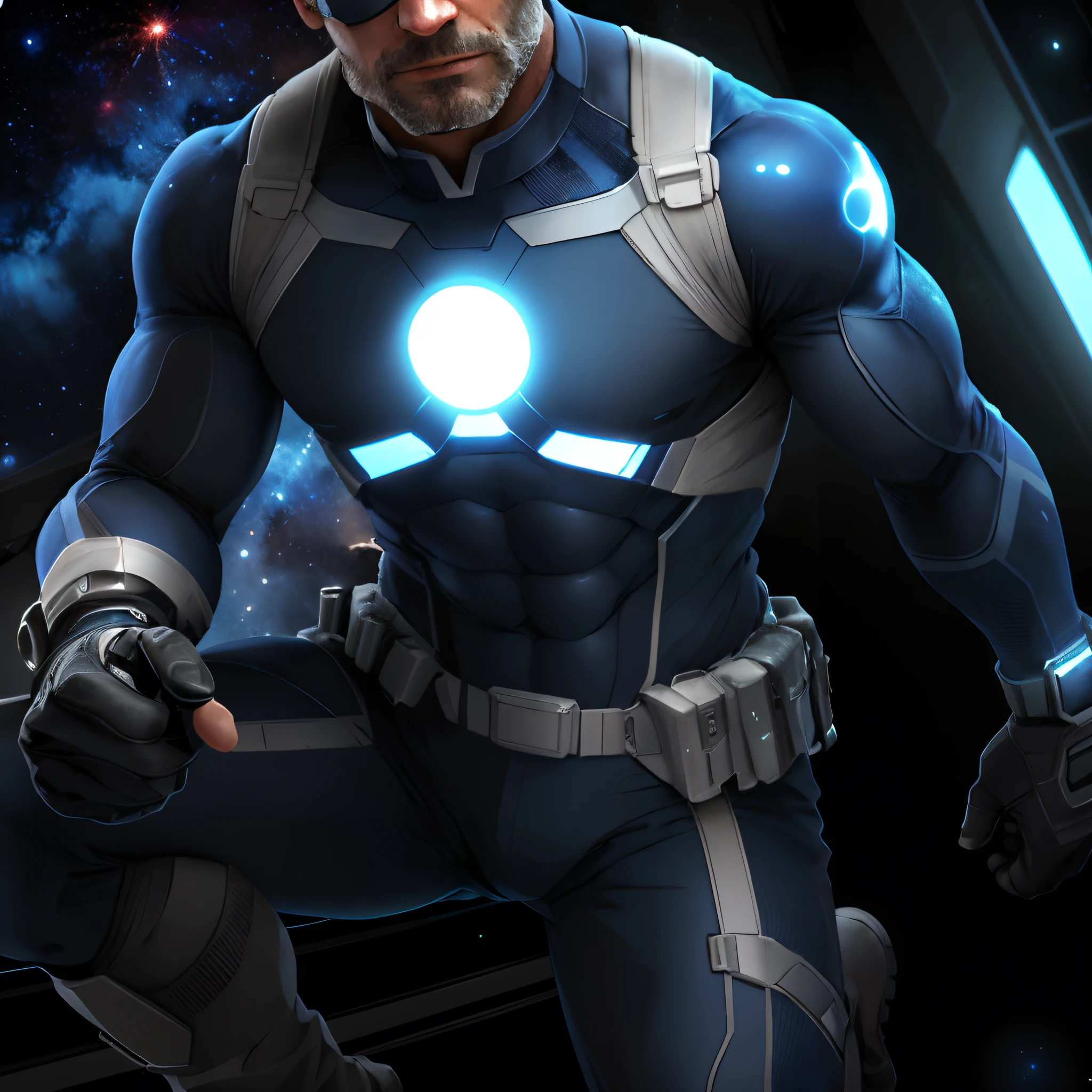 "(best qualityer,ultra detali),naughty man,age 45,dark blue stretch suit,sem beard,technological superhero,galaxy emblem on chest,minimum viewfinder,super technological gloves,booties"