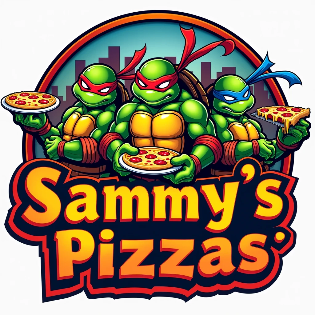 Make a Ninja Turtles pizzeria logo with 4 turtles that says SAMMY'S PIZZAS