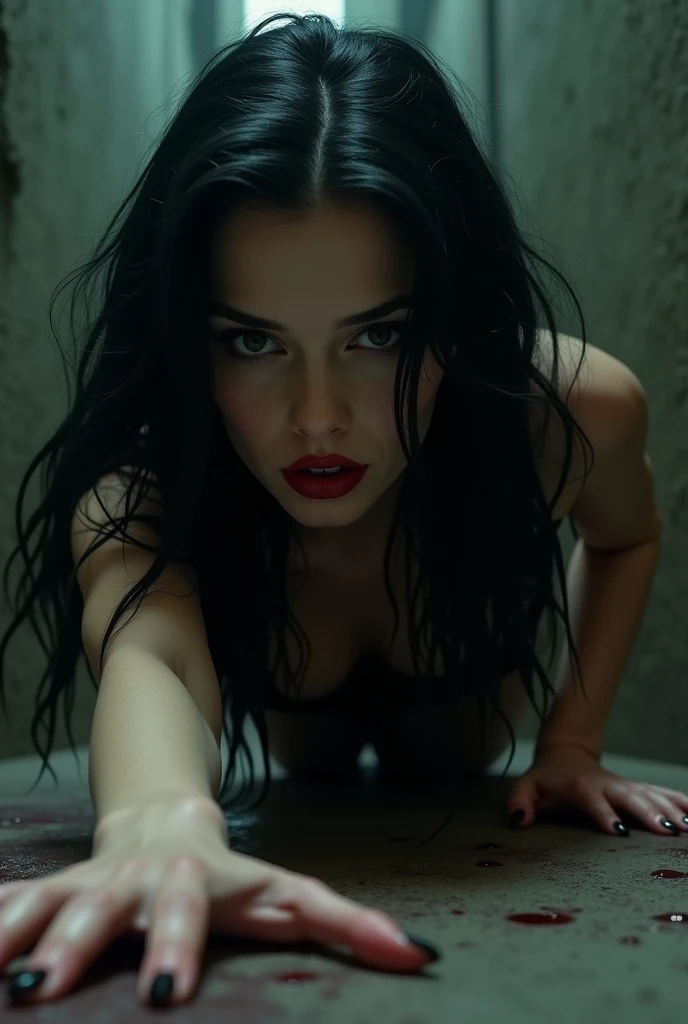 (photorealism:1.2), beautiful EVIL woman CRAWLING FORWARDS FACE TO CAMERA, LONG BLACK HAIR