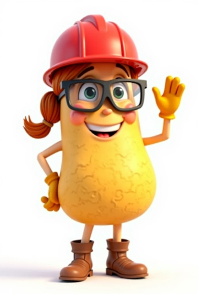 create on white background. a mascot in the shape of a wavy potato chip, rounded body, female with legs and boots, with arms and gloves, waving. wearing red safety helmet and safety goggles