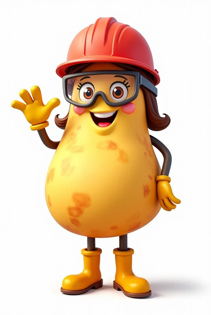 create on white background. a mascot in the shape of a wavy potato chip, rounded body, female with legs and boots, with arms and gloves, waving. wearing red safety helmet and safety goggles
