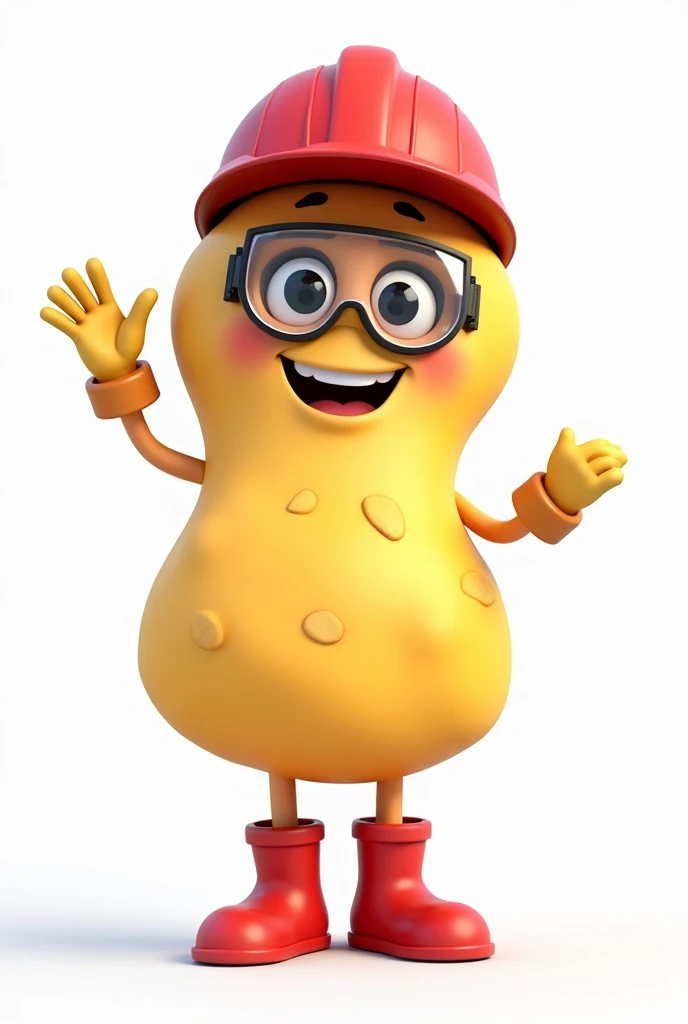 create on white background. a mascot in the shape of a wavy potato chip, rounded body,  female with legs and boots, with arms and gloves, waving. wearing red safety helmet and safety goggles