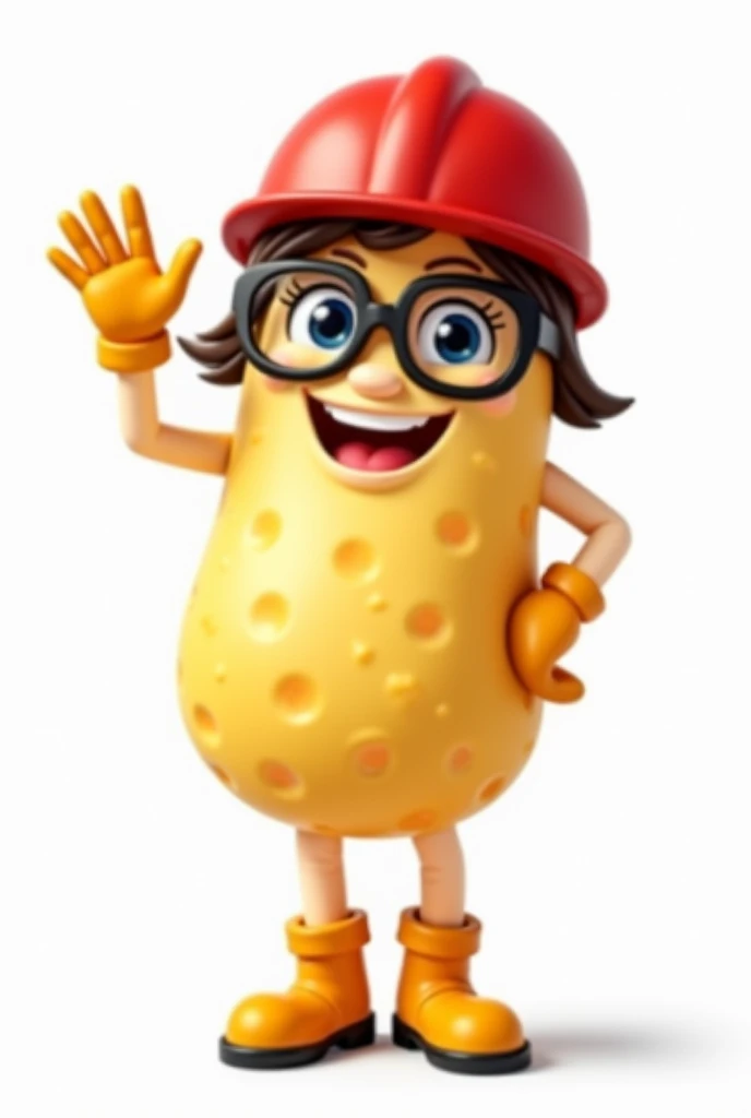 create on white background. a mascot in the shape of a wavy potato chip, rounded body,  female with legs and boots, with arms and gloves, waving. wearing red safety helmet and safety goggles