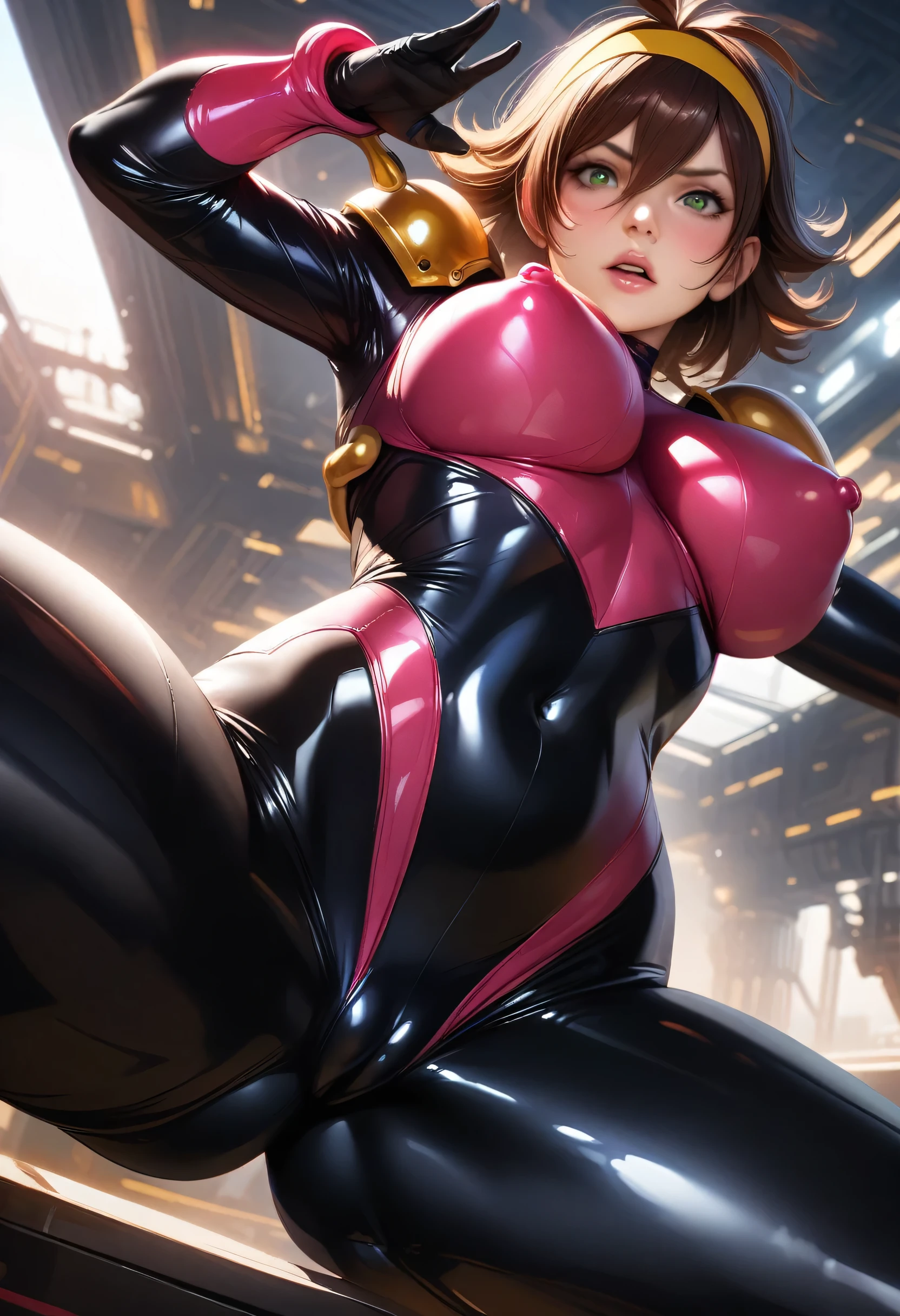 Rain Mikamura,yellow headband,perfect hands, perfect finger,perfect anatomy, masterpiece, best quality,realistic, hyperrealistic, 16k hdr,1girl, large breasts,erected nipples,brown hair, medium hair,green eyes,mobile trace suit, shoulder armor with antenna,pink and black latex bodysuit,skin tight,fighting pose, cockpit,from below,red blush,spread legs,cameltoe