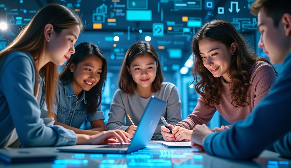 one photo/banner for a technology school advertisement for young adults with realism and inclusion, are adm classes, mechatronics and computer science