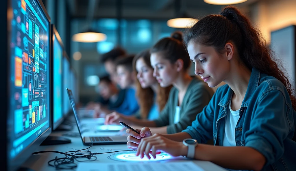 one photo/banner for a technology school advertisement for young adults with realism and inclusion, are adm classes, mechatronics and computer science