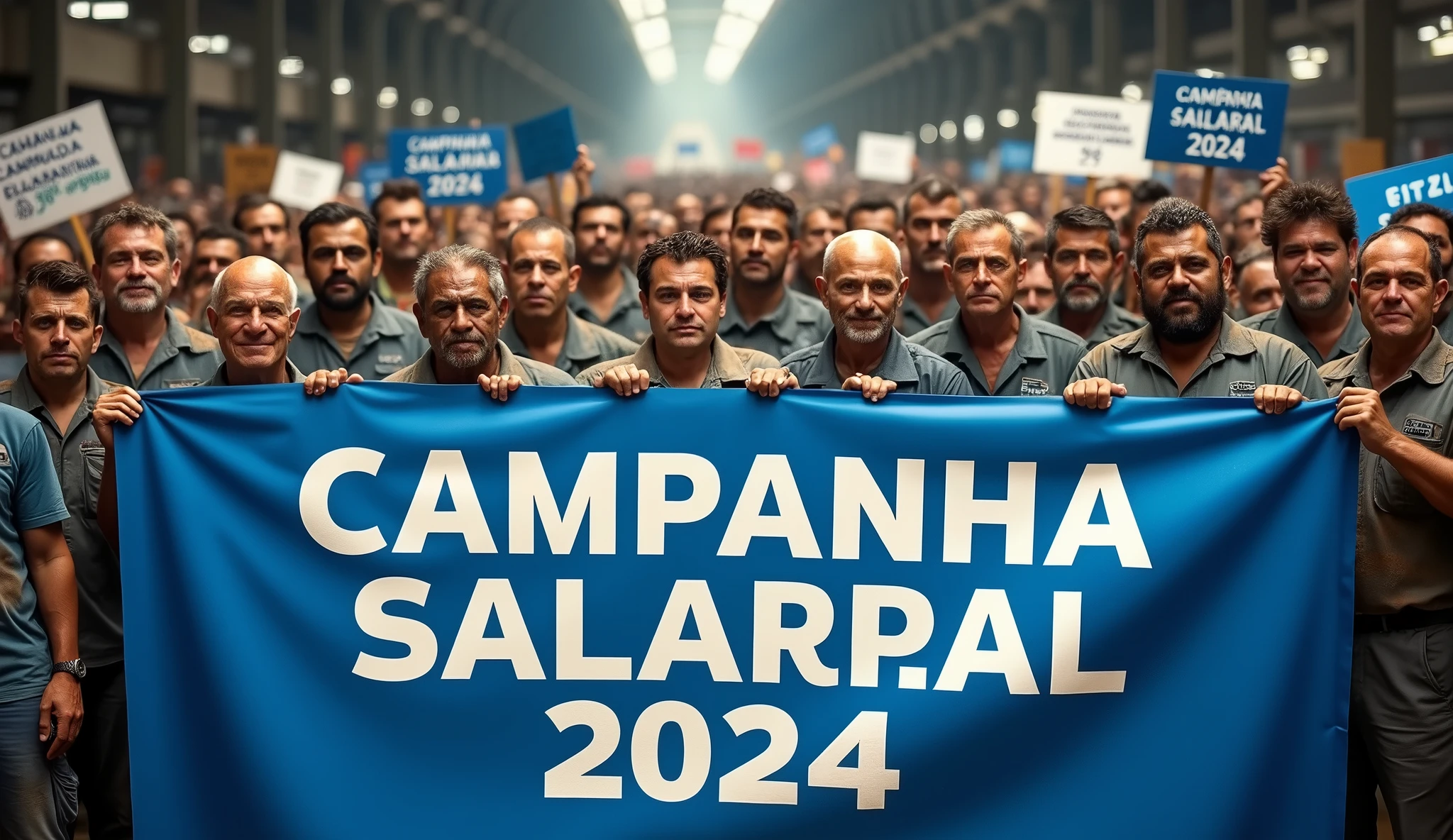 A high-definition Canon DSLR photo of a large group of Brazilian metalworkers, men and women, with cat faces, standing united in front of a modern factory. Their skin and uniforms are marked with dirt, and they hold a large blue banner with white text that reads "Campanha Salarial 2024". In the background, more workers hold various banners and posters, adding depth and energy to the scene. 