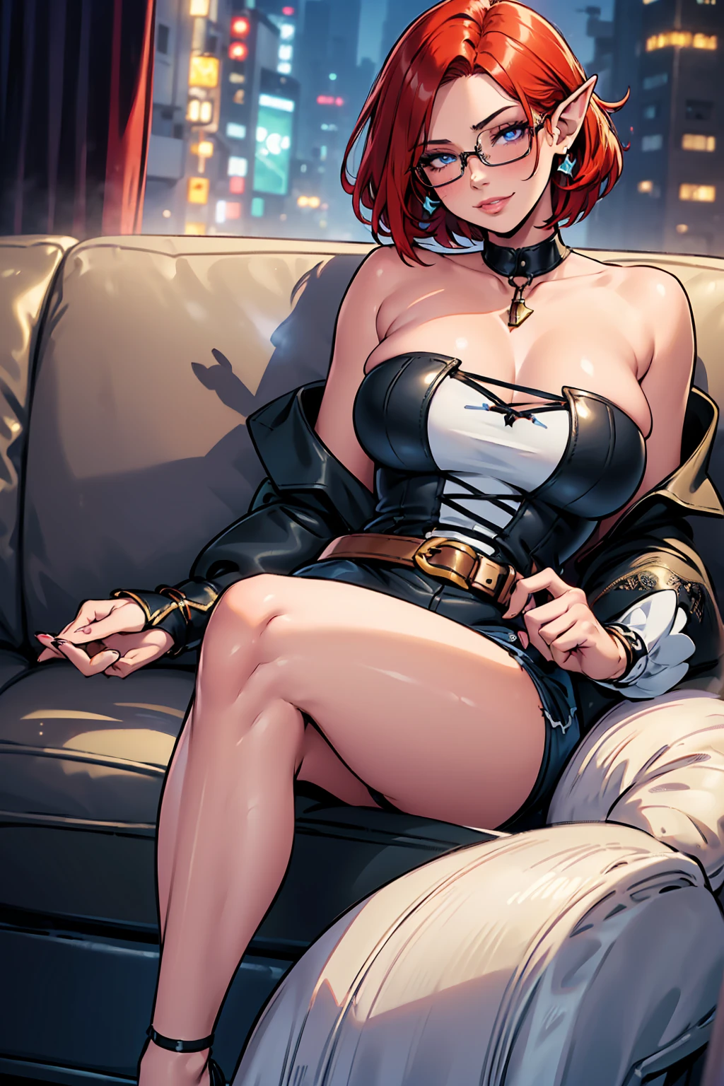 1girl, beautiful elf woman, ((Short Red Hair, Straight, has shine)) Blue eyes, double eyelids, light effect on eyes, detailed irises, beautiful curvy body, glasses, ((White Off the Shoulder Shirt, Sleeveless, Strapless)), blue denim mini shorts, black high heels, ((Work of art, hyper-realistic, hyper detailed, Best Quality, 16k, light and shadow on skin, vivid colors)) ((leaning back on leather couch in dimly lit room)), ((Hands cupping breasts)) Lustful Expression, perfect lips, sexy mature face, lots of freckles all over body, full pouty lips, extreme blush, sensual smile, night time, moonlit sky, ((Front View)), ((Full body shot)), breasts are covered, Lustful flirty smile at viewer