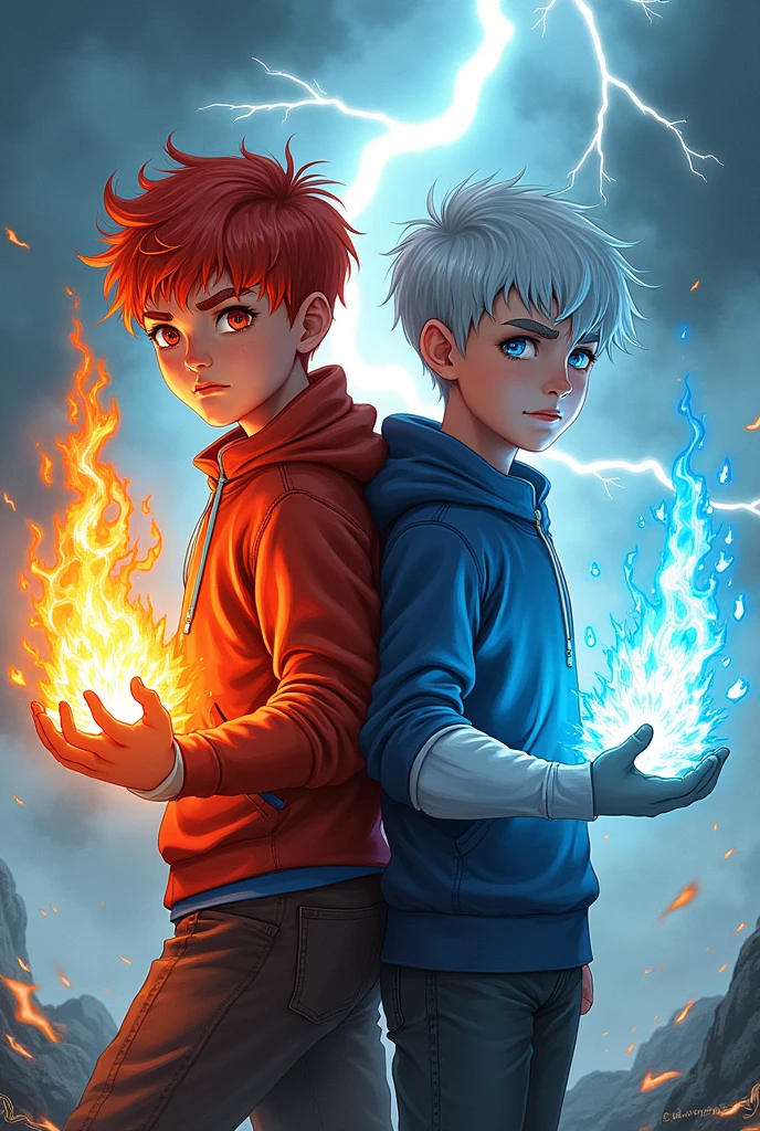 A 1 boy with fire powers and another with ice powers seen as a team