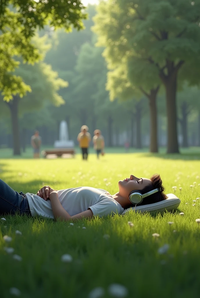 a guy laying down on the grass at a park taking a nap while listing to music with headphones