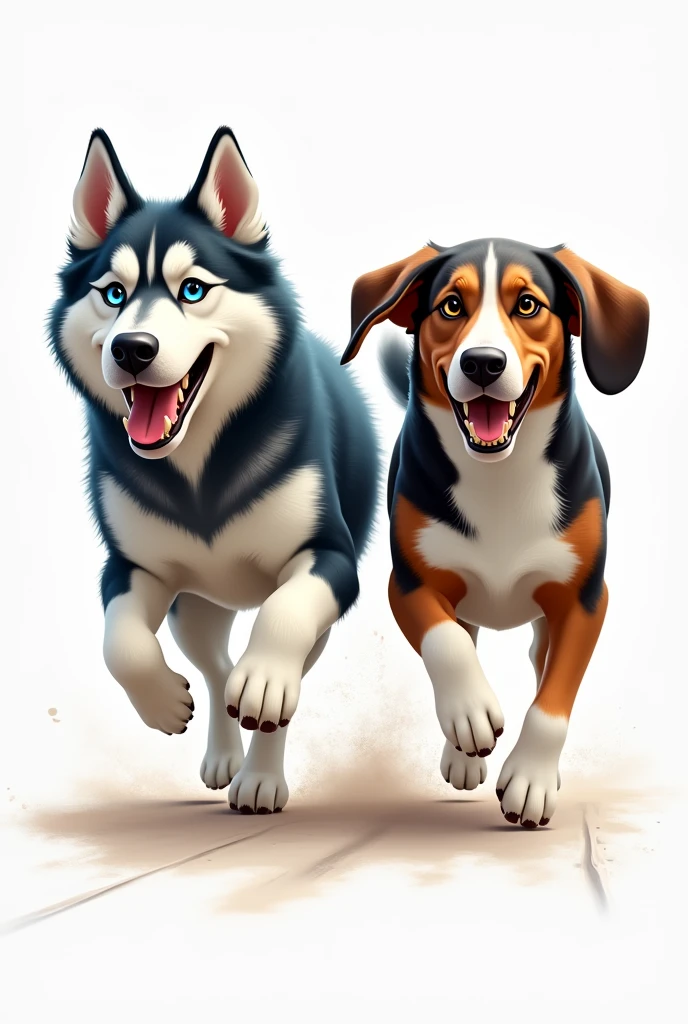Image for a running club logo with an adult Siberian husky and an adult short-legged tricolor long-eared basset hound running towards the finish line as if they were in a race, that the animation is more realistic and detailed
