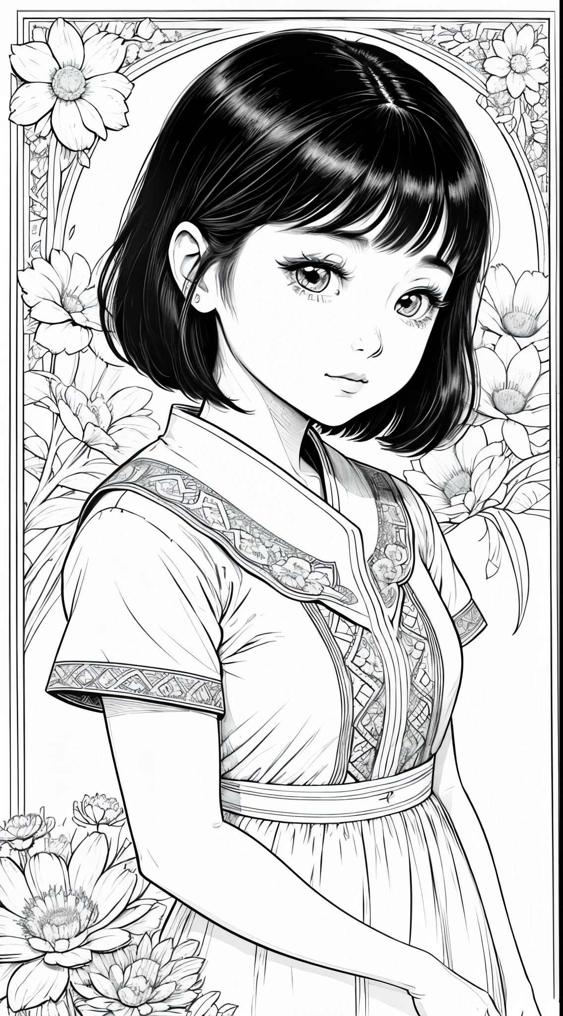 As a coloring book, white and black color, borders should be simple, clear, distinct, and thick lines, By Cartoon picture book of a beautiful Asian girl with short brown hair, A girl looking at camera, (Campo de flores), (Closeup), retrato, nuvem, arte de linha