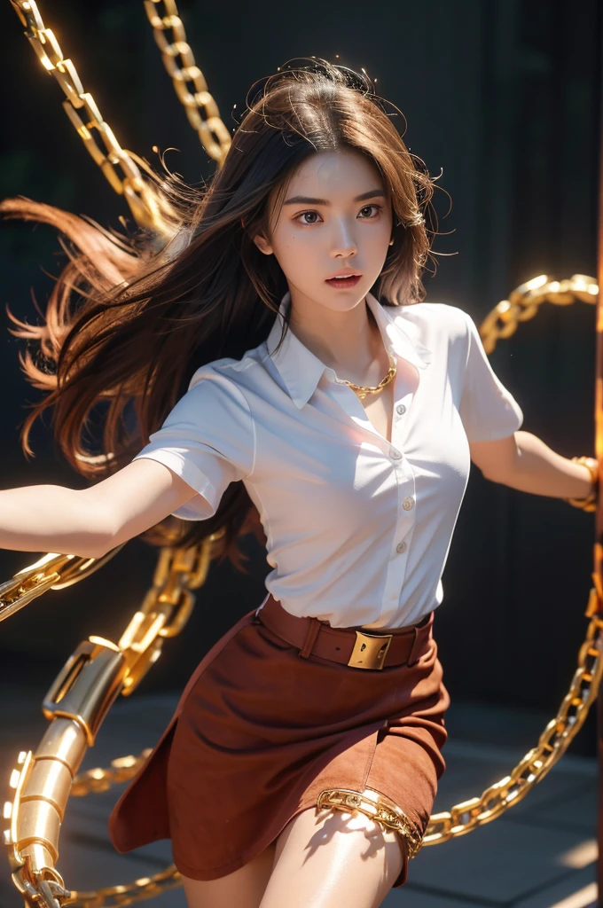 1 girl, thai university uniform, chains end with sharp spike:1.4, hyper-realistic, control chains, nebula chain, fantasy, white short-sleeve button up shirt:1.2, black tight torn mini skirt:1.2, brown suede belt:1.2, metal plate belt buckle:1.2, metal shirt buttons:1.2, white sneakers:1.2, black long messy hair:1.2, upper body shot:1.2, masterpiece, best quality, high resolution, 16k, high detailed, face detailed, cinematic lighting, dynamic fighting pose:1.4, long exposure, slim and perfect figure, perfect body proportion, unreal 5, holding golden chains:1.4, long golden chain whip:1.4, fighter using chains as weapon:1.4, golden-aura:1.4, fighting stance:1.4