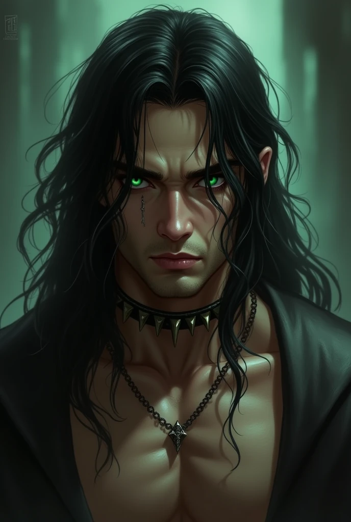 A guy with peircing green eyes, long black hair, a muscular build, snakebite peircings, and a spiked choker cumming