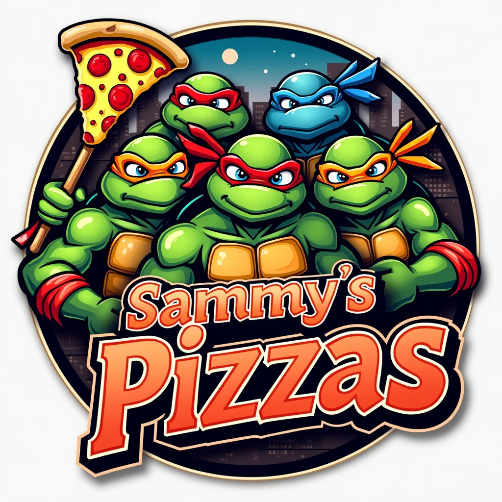Make a Ninja Turtles pizzeria logo with 4 turtles that says SAMMY'S PIZZAS