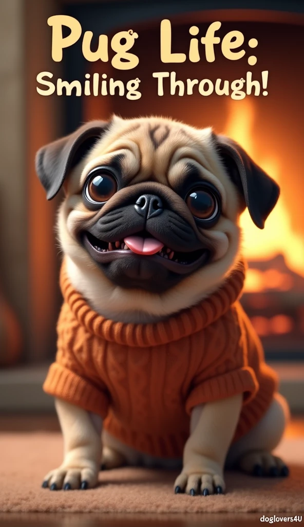 An endearing Pug puppy with a cheeky smile, wearing a cute little sweater. The background is a cozy room with a fireplace. Text overlay: 'Pug Life: Smiling Through!' Watermark: 'DogLovers4u'