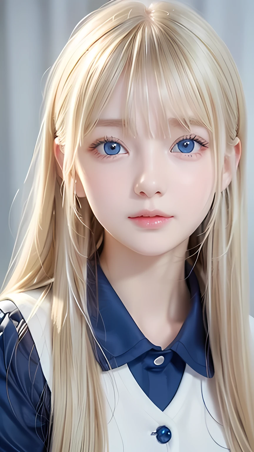 A very beautiful Nordic girl、Super long silky shiny metallic butter blonde hair、Cute beautiful girl with sexy messy bangs、Hair above the eyes、片Hair above the eyes、Hair between the eyes、uniform、Super long beautiful blonde hair、Beautiful bangs between the eyes、Very beautiful cute face、Cute beautiful gentle expression、high school girl、Big, pale, very bright sky blue eyes that shine beautifully、Small Face Beauty、Round face、Snow-white glossy skin、