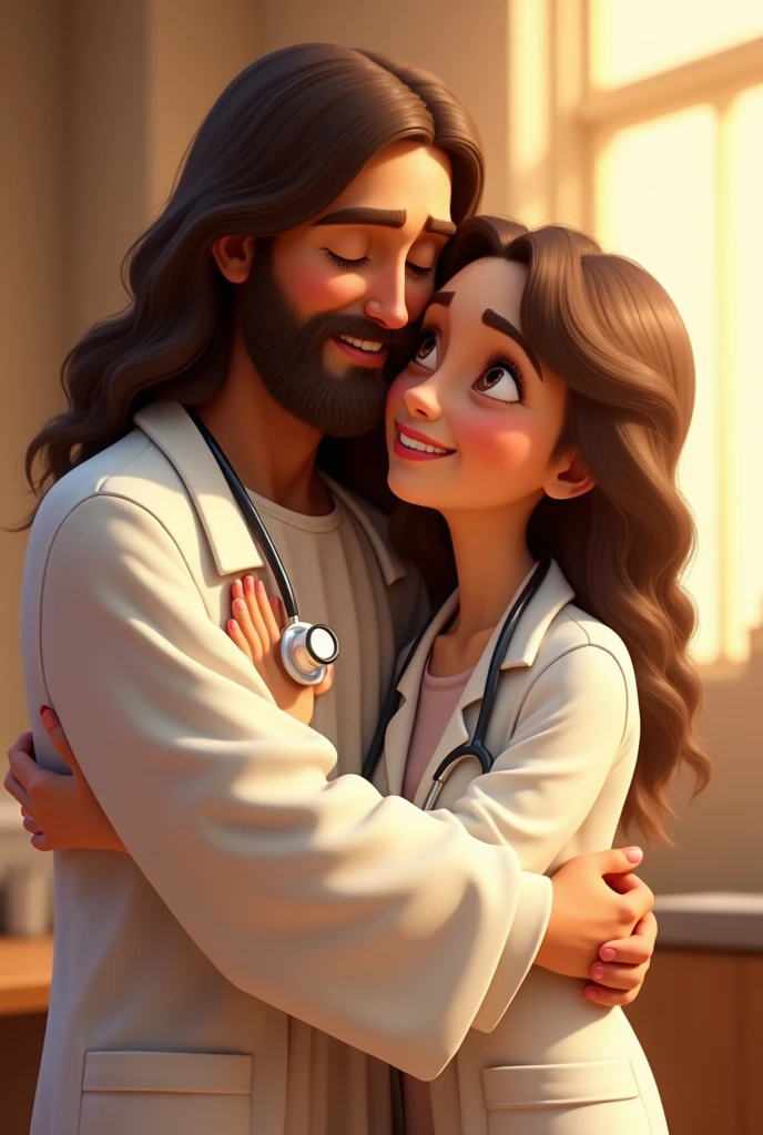 Pixar style image of Jesus hugging a  in a white lab coat and stethoscope who has wavy brown hair, brown eyes and fair skin