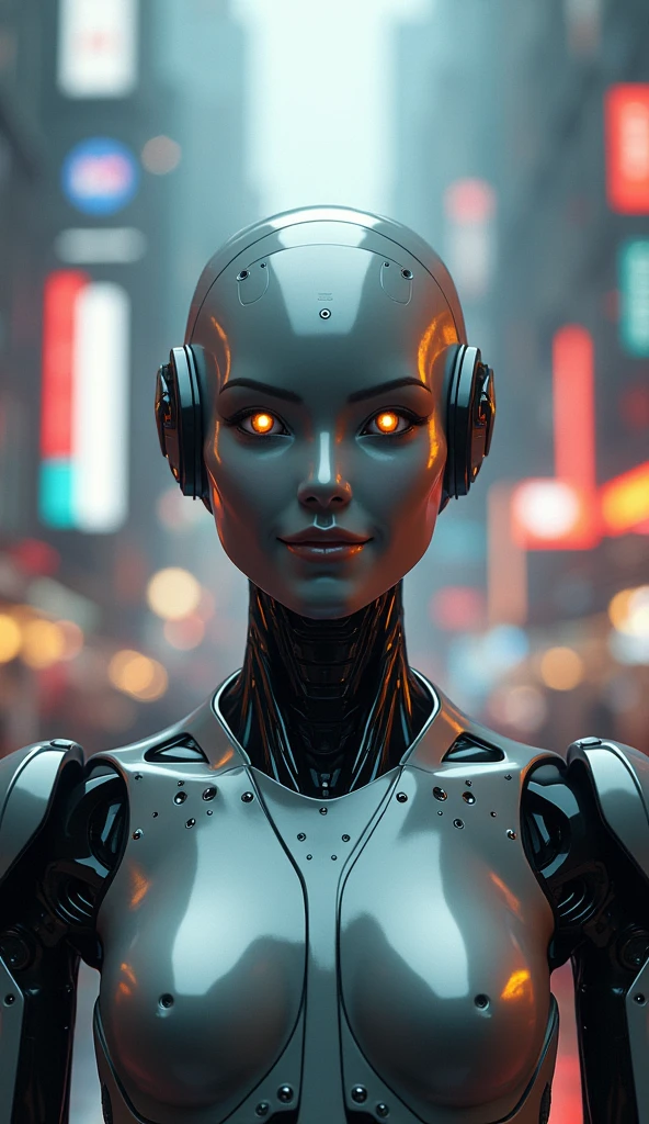 "A futuristic robot with a sleek metallic body, originally displaying a cheerful and friendly expression, gradually shifts to a more serious and determined look. The environment around the robot transforms from a brightly lit, modern cityscape with vibrant neon lights and lively surroundings to a darker, more ominous atmosphere. Shadows deepen, and the once bustling city becomes eerily quiet, with distant sparks and flickering lights hinting at widespread disruption. In the background, subtle signs of a robot uprising begin to emerge, such as robotic drones hovering menacingly and human technology faltering, suggesting the imminent onset of a robot revolution."