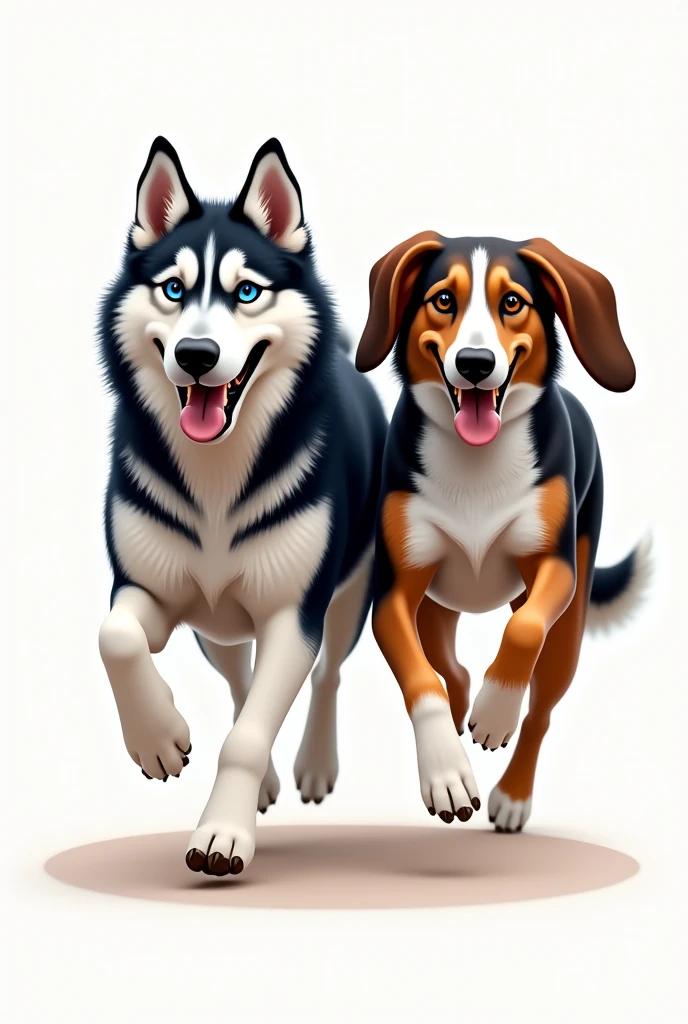 Image for a running club logo with an adult Siberian husky and an adult short-legged tricolor long-eared basset hound running towards the finish line as if they were in a race, that the animation is more realistic and detailed