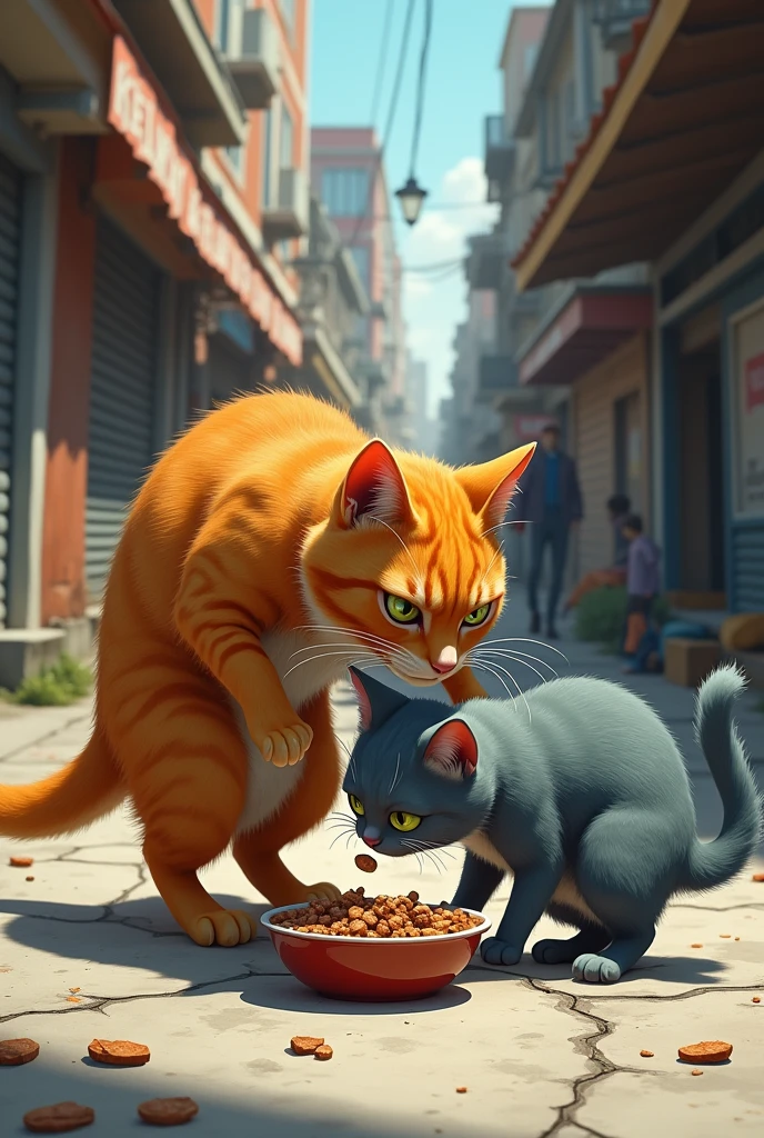 An orange cat is bullying a blue cat begging from a bowl on the street，