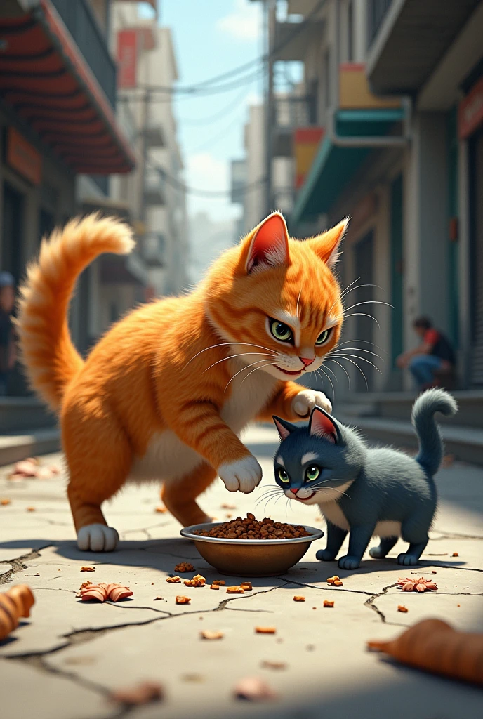An orange cat is bullying a blue cat begging from a bowl on the street,