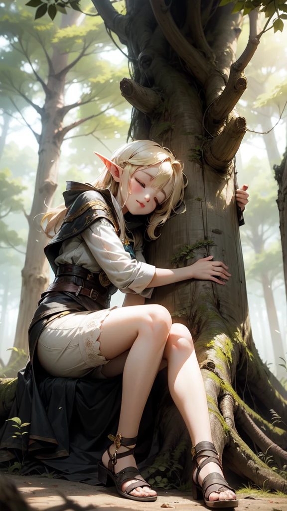 longshot、A very young elf girl napping under a tree in the forest、Beautuful Women、smil、blond hair、