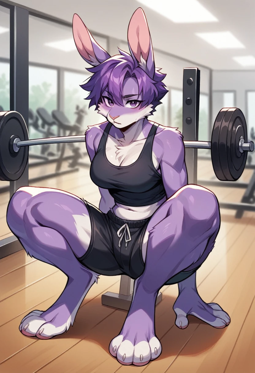 raventt, 1girl, solo, grey skin, purple hair, purple eyes, forehead jewel, short hair, large breasts, leotard, cleavage, abs,  concentration curl, dumbbell; Spacious gymnasium, wooden floors, large windows, natural light, soft shadows, masterpiece best quality
