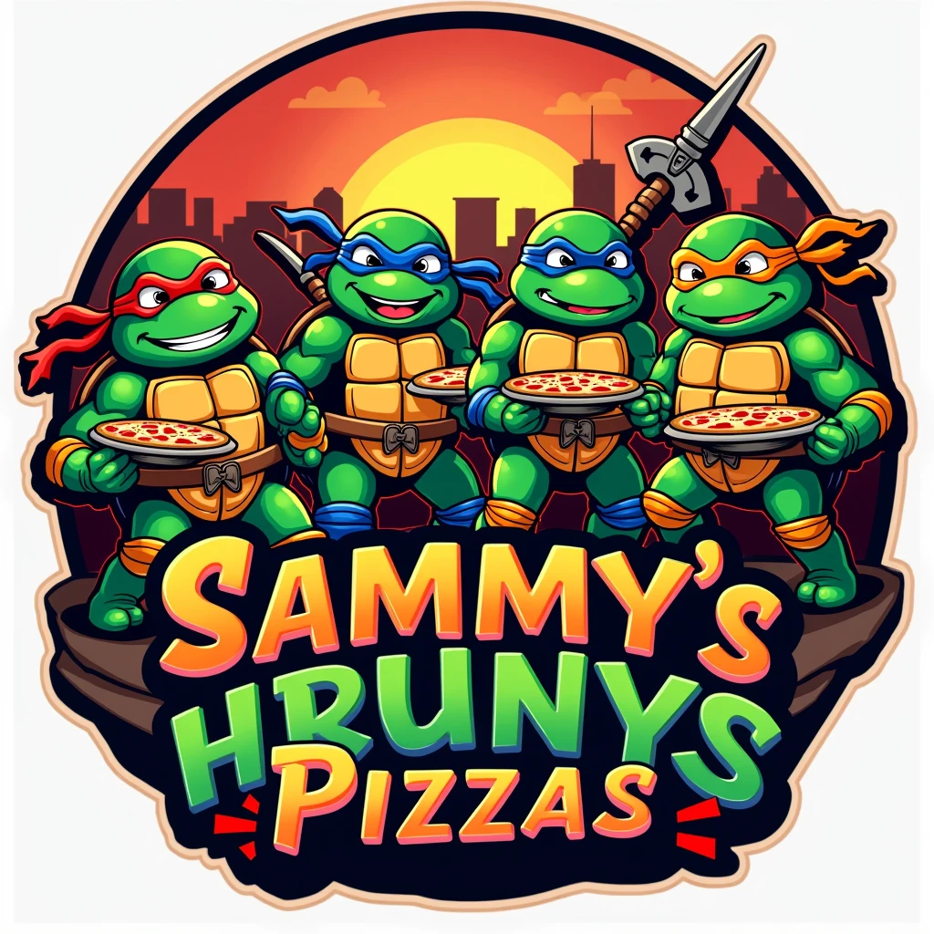 Make a Ninja Turtles pizzeria logo with 4 turtles that says SAMMY'S PIZZAS