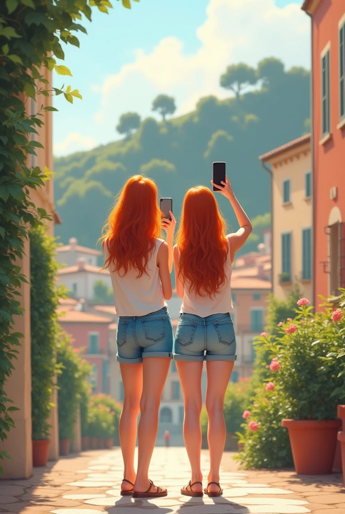 2 girl, redheadwear, taking a selfie in front of a typical building on one of Nice's hills. She wears shorts, tank top and flat sandals. Typical houses. David Hamilton Style.