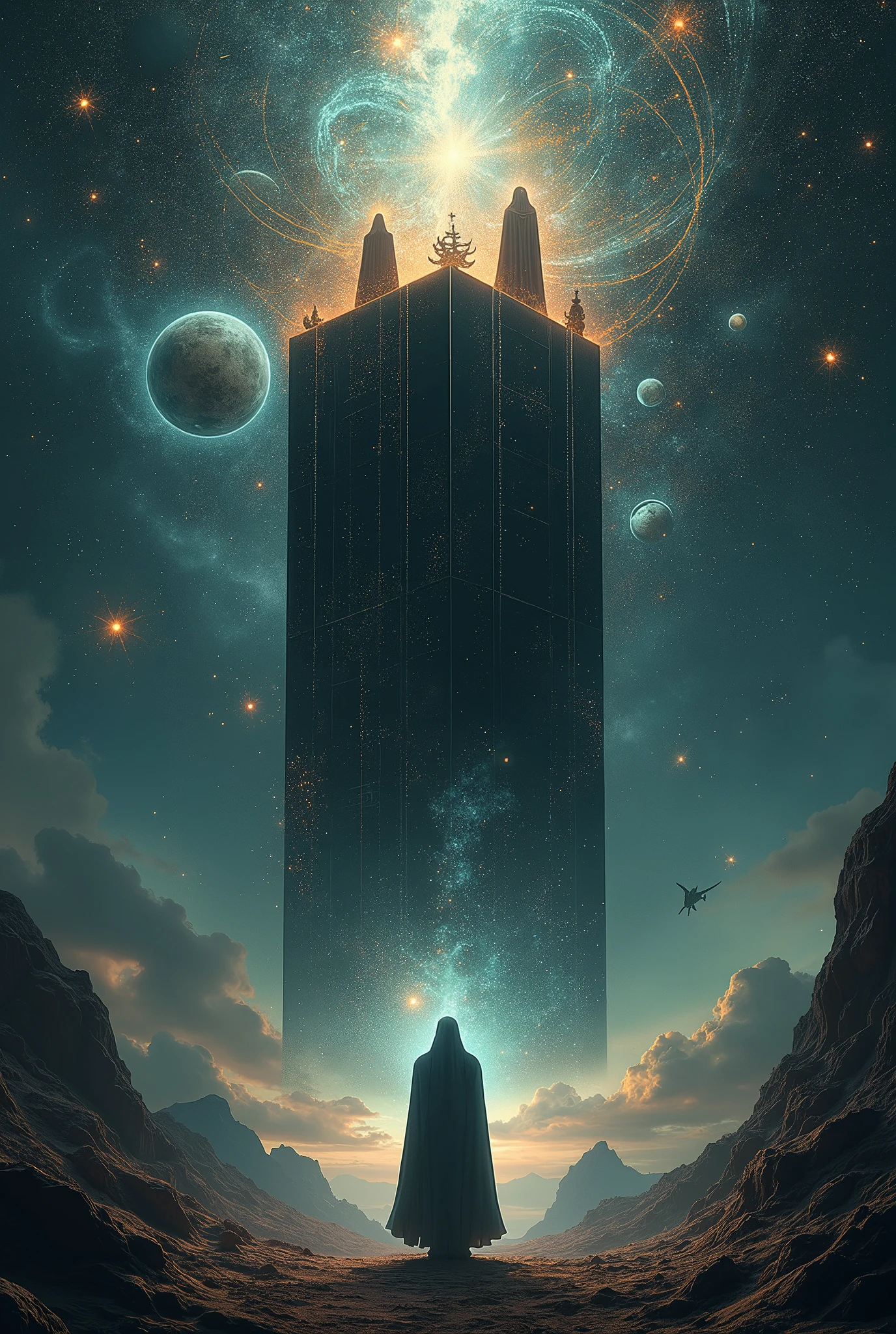 Black box out of space and time, idea of divine beings, interaction of the cosmos, neural network of a brain, hindu idea, brahma, daemons behind with alot alien ships watching over human population, resembeling man and spirits.