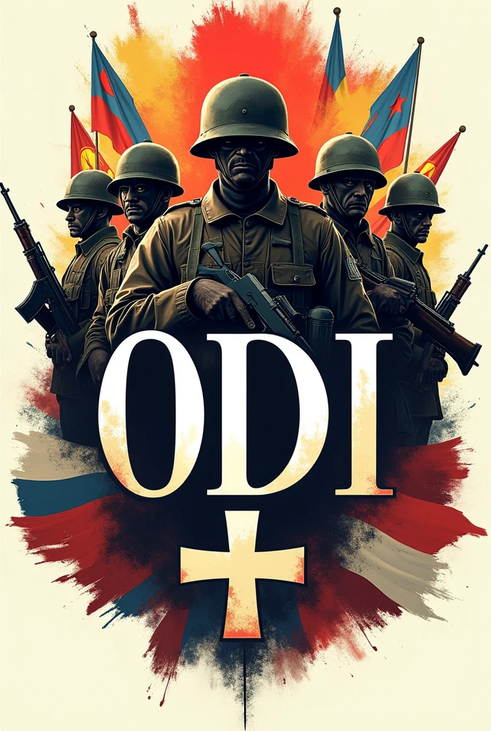 Logo with flags of Hispanic countries with the name ODI in front with the Hispanic cross taped in the background ,armed soldiers of the first world war 


