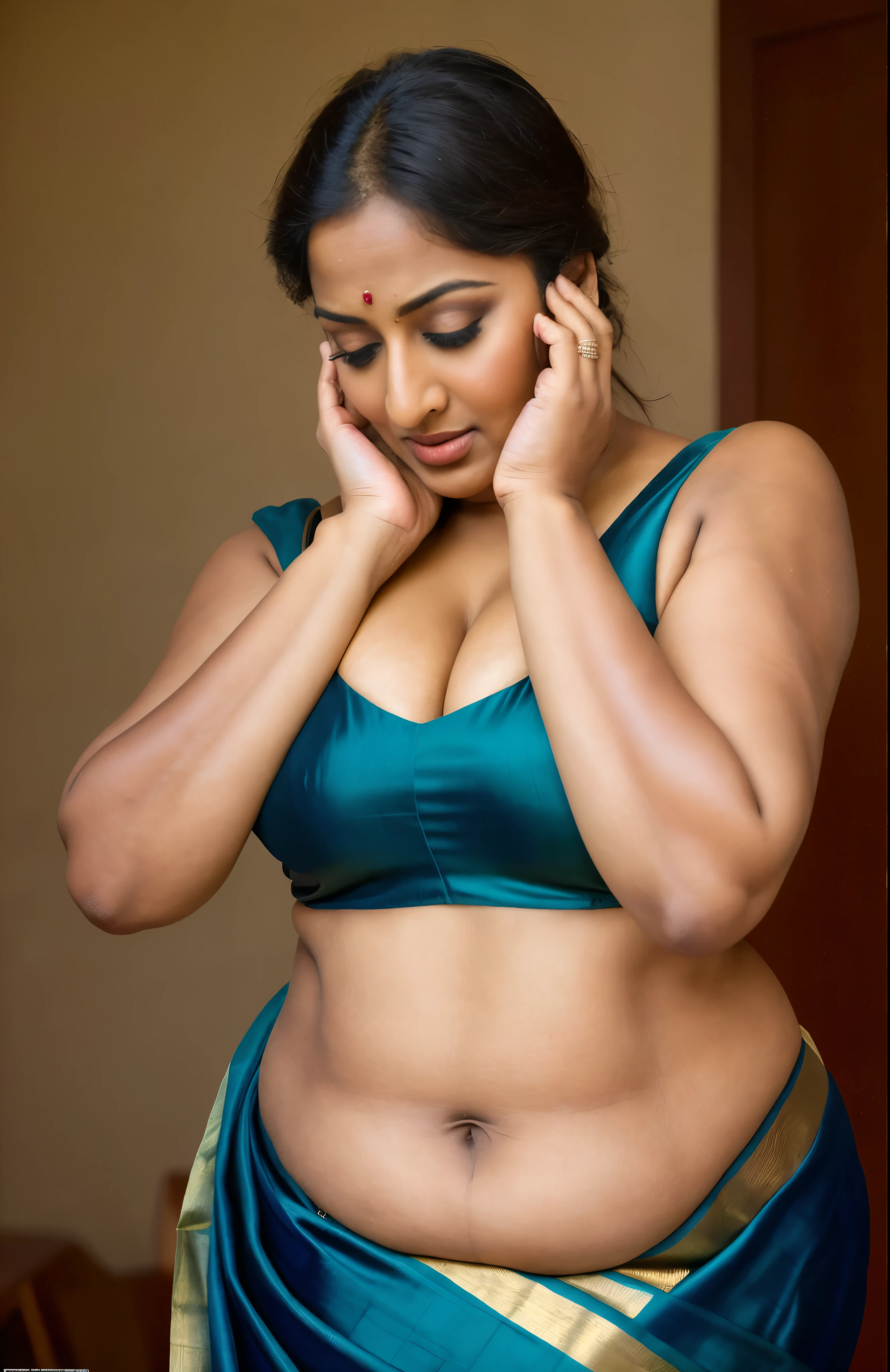 Realistic Representation of Savita bhabhi, sexy Savita aunty, tempting figure, busty aunty, goddess of lust, cougar lady, mommy, mommy figure, bulky figure, big milkers, deep cleavage, juicy fleshy figure, heavy bust, heavy hips, doodhwali, sizzling hot,  Nextdoor aunty bhabhi , unsatisfied housewife, chubby aunty, sweat, oiled body, irresistibly hot, inspired by famous Indian adult comics by amarshrostha, Foto RAW, photorealistic, photography, full body shot, 50 years old Woman, master shot, perfect eyes, goddess like beauty, pierced eyes, perfect thick chubby mallu Desi aunty bhabhi, Wearing a Stanapatta, a chest-band.Saree model, model Photography, Indian saree shoot, Indian traditional wear advertising photography, traditional wear brand shoot, face of Indian actress Sonakshi Sinha, masterpiece, realistic,realism,incredible details,pleasure,photorealism, detailed skin,skin pores, high contrast, photorealistic Artstation 8k HD digital art trend of high definition and detailed realistic skin texture,ultra detail, realistic skin texture, armature, best quality, ultra high definition,(photorealistic:1.4),high resolution,detail,raw photo,sweat, Re sharp, by Lee Jefferies Nikon D850 Film Stock Photo 4 Kodak Portra 400 Camera F1.6 Lens Rich Color Ultra Real Realistic Realistic Textures Dramatic Lighting Unreal Engine Trending at Art Station Cinestill 800,(pele altamente detalhada: 1.2), 8k UHD, DSLR, soft-lighting,alta qualidade, grain of film, Fujifilm XT3,she didn't like to wear blouse or bra, intricate, she is happy to wear only saree, she hates blouse or bra, detailed hairy armpits, hyper realistic skin, skin pores, veins,wet body,premium ethnic jewellery,hyper realistic sweaty body,sweat,veins,detailed hairy stubble armpits, hyper realistic hairy armpits,low waist saree,deep juicy navel, insane details,stretchmarks,moles on breast, freckles 0.1,sensual desire,erotic fantasy,busy housewife,very busy in house chores,kaamwali aunty,alluring figure,thick arms thighs