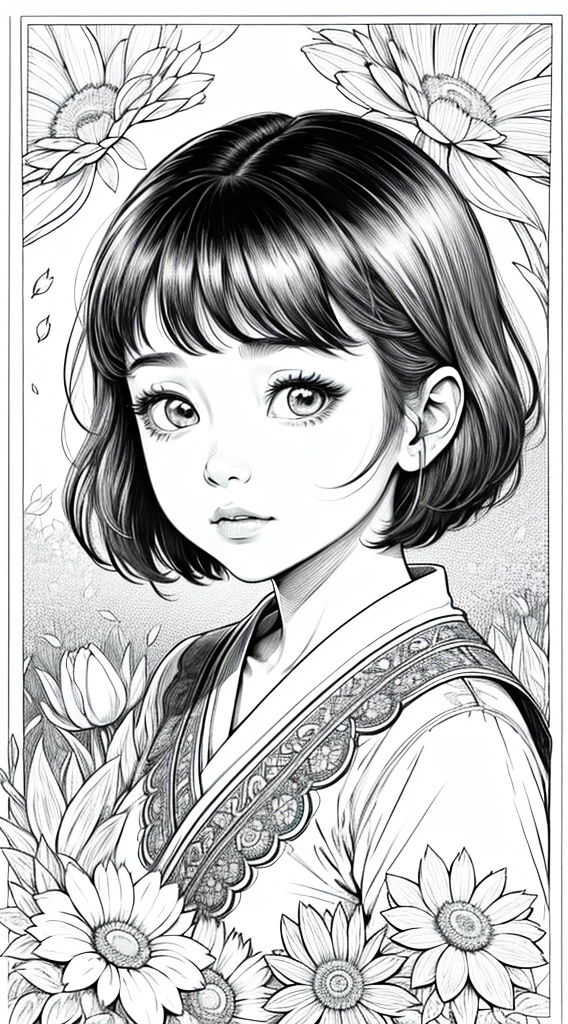 As a coloring book, white and black color, borders should be simple, clear, distinct, and thick lines, By Cartoon picture book of a beautiful Asian girl with short brown hair, A girl looking at camera, (Campo de flores), (Closeup), retrato, nuvem, arte de linha