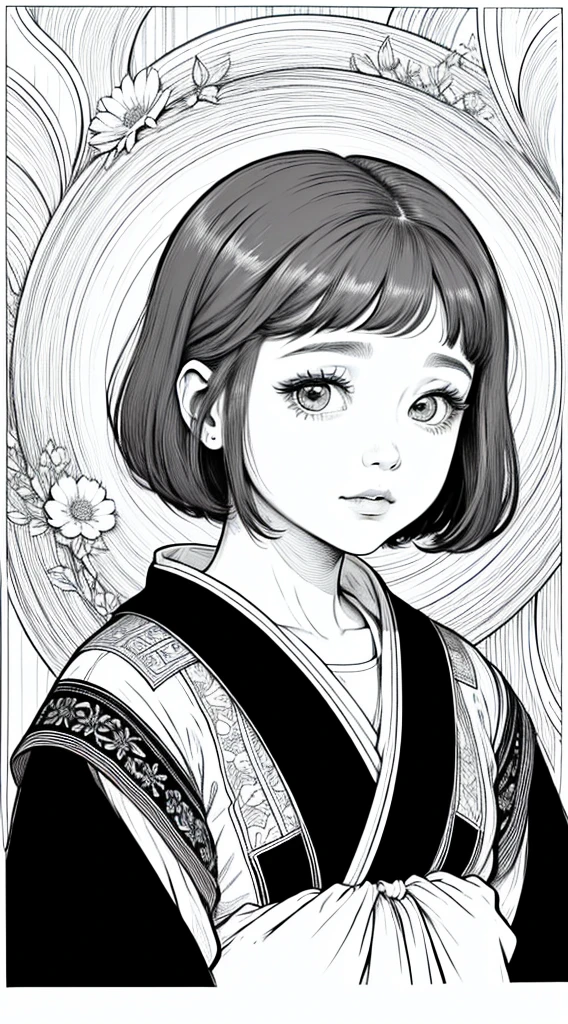 As a coloring book, white and black color, borders should be simple, clear, distinct, and thick lines, By Cartoon picture book of a beautiful Asian girl with short brown hair, A girl looking at camera, (Campo de flores), (Closeup), retrato, nuvem, arte de linha