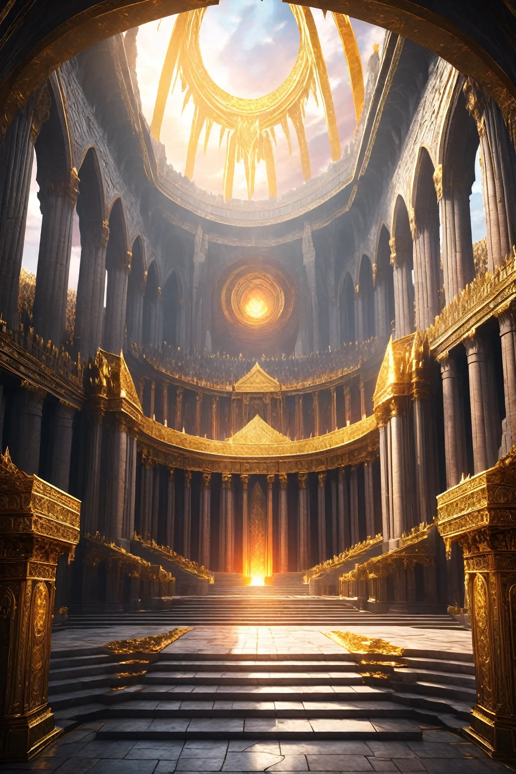 
Create an image of Valhalla, the grand hall where warriors who die with honor in battle are taken in Norse mythology. The hall should be magnificent, with towering walls and golden roofs, set against a vivid sunset or glowing in an ethereal light. Warriors should be seen entering through grand gates, celebrating and feasting inside. The atmosphere should feel glorious and heroic.