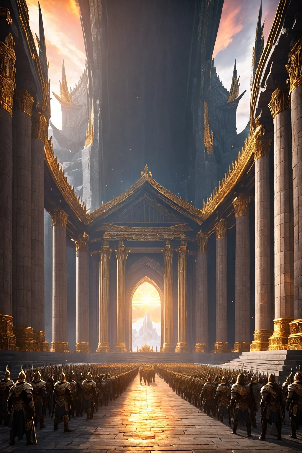 
Create an image of Valhalla, the grand hall where warriors who die with honor in battle are taken in Norse mythology. The hall should be magnificent, with towering walls and golden roofs, set against a vivid sunset or glowing in an ethereal light. Warriors should be seen entering through grand gates, celebrating and feasting inside. The atmosphere should feel glorious and heroic.