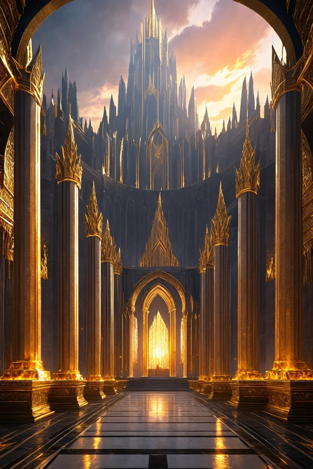 
Create an image of Valhalla, the grand hall where warriors who die with honor in battle are taken in Norse mythology. The hall should be magnificent, with towering walls and golden roofs, set against a vivid sunset or glowing in an ethereal light. Warriors should be seen entering through grand gates, celebrating and feasting inside. The atmosphere should feel glorious and heroic.