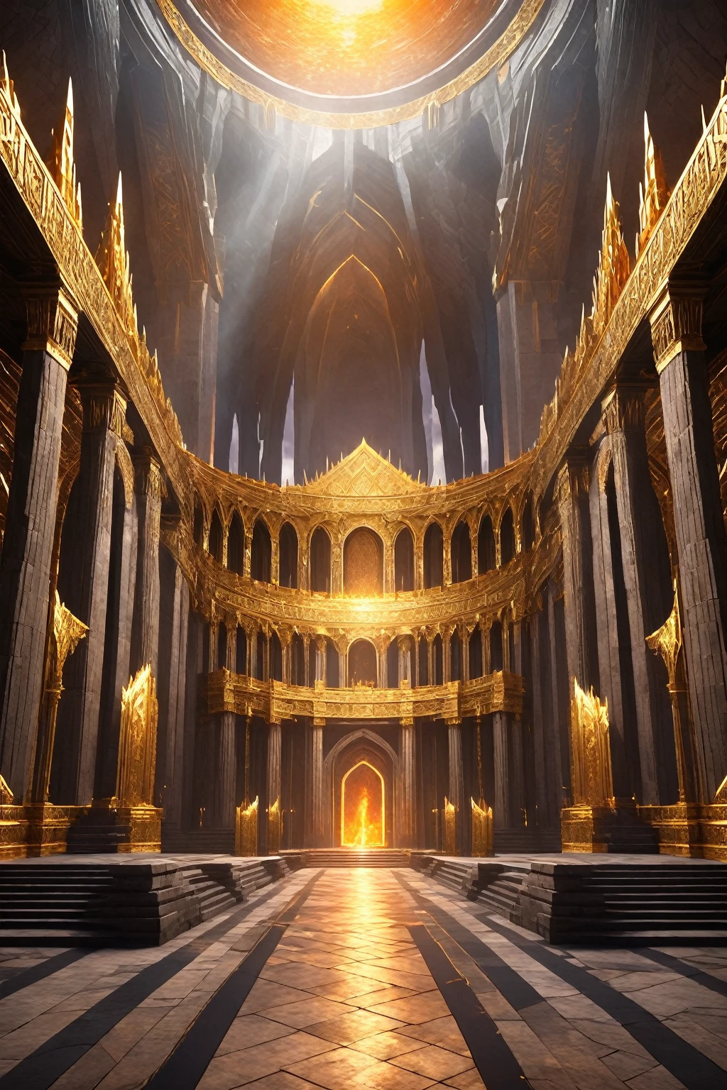 
Create an image of Valhalla, the grand hall where warriors who die with honor in battle are taken in Norse mythology. The hall should be magnificent, with towering walls and golden roofs, set against a vivid sunset or glowing in an ethereal light. Warriors should be seen entering through grand gates, celebrating and feasting inside. The atmosphere should feel glorious and heroic.