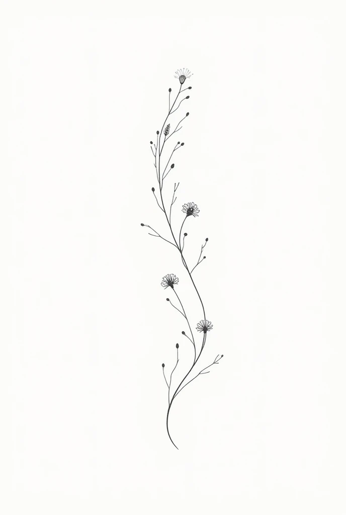 Generate a tattoo design of several small flowers in a minimalist style on a WHITE BACKGROUND for the spine