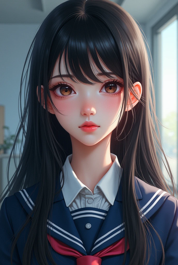 girl with long hair,beautiful detailed eyes,beautiful detailed lips,extremely detailed eyes and face,longeyelashes,school uniform,teen girl,serious expression,studio lighting,bokeh background,trending,vibrant colors,8k,ultra-detailed,photorealistic,high-quality,professional digital art,composition,technology,mechatronics,computer science,digital illustration,realistic,hyper-realistic,fashion illustration,concept art,award-winning