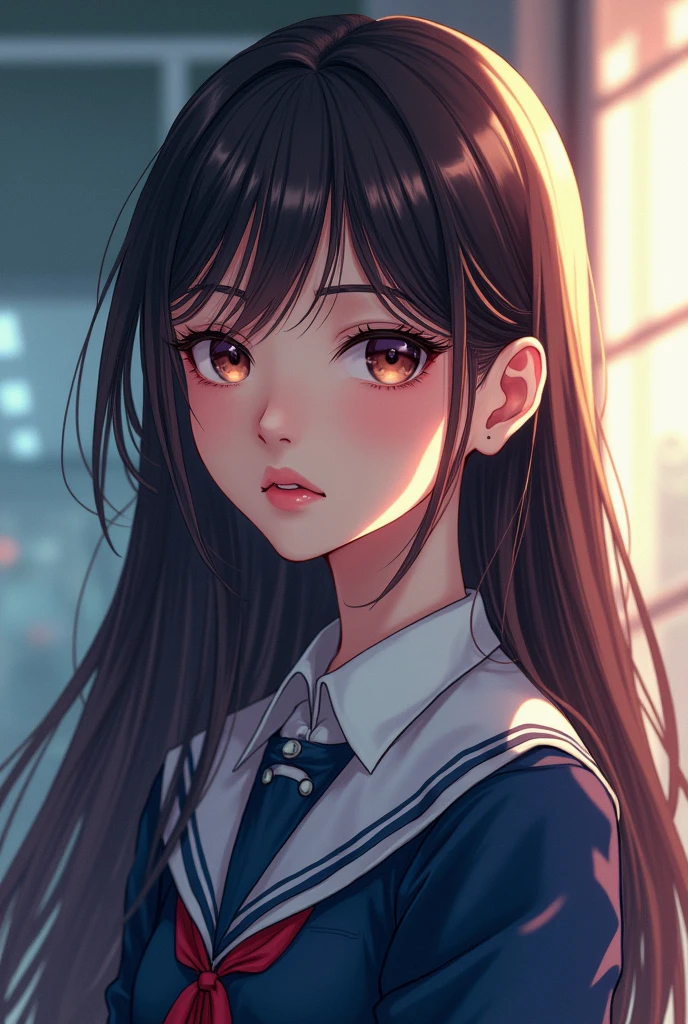 girl with long hair,beautiful detailed eyes,beautiful detailed lips,extremely detailed eyes and face,longeyelashes,school uniform, girl,serious expression,studio lighting,bokeh background,trending,vibrant colors,8k,ultra-detailed,photorealistic,high-quality,professional digital art,composition,technology,mechatronics,computer science,digital illustration,realistic,hyper-realistic,fashion illustration,concept art,award-winning