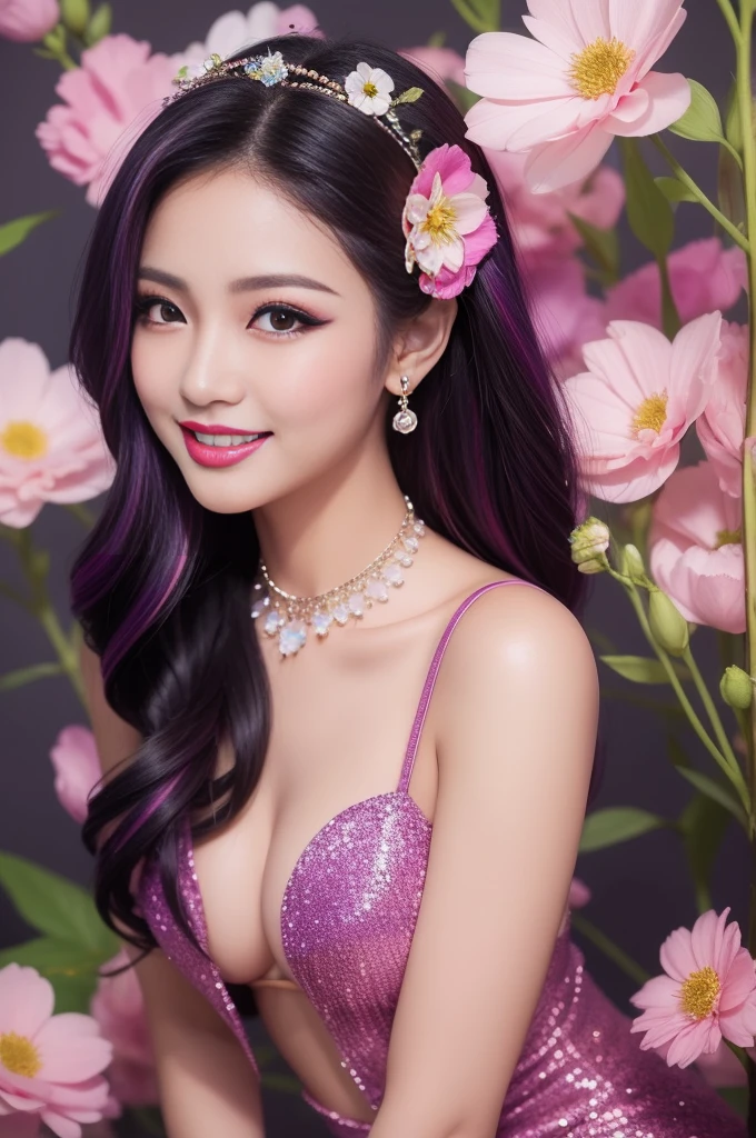 sexy Thai model who controls poison、beautiful smile、lipgloss、bold lipstick、intense makeup、look at the camera、full body Esbian、、sparkling poisoned flower costume、、、、sparkling Colorful hair、secrete poison、skull hair accessories、sexy tights、shiny sparkling flowers background