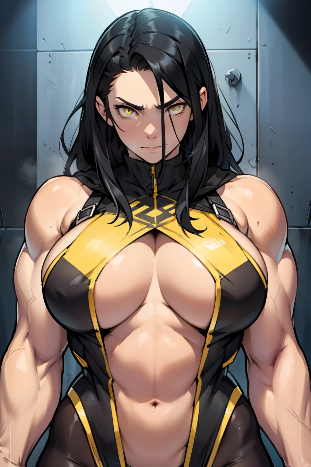 embarrassed perfect body girl massive breasts black hair yellow eyes pale skin huge muscles muscular girl 