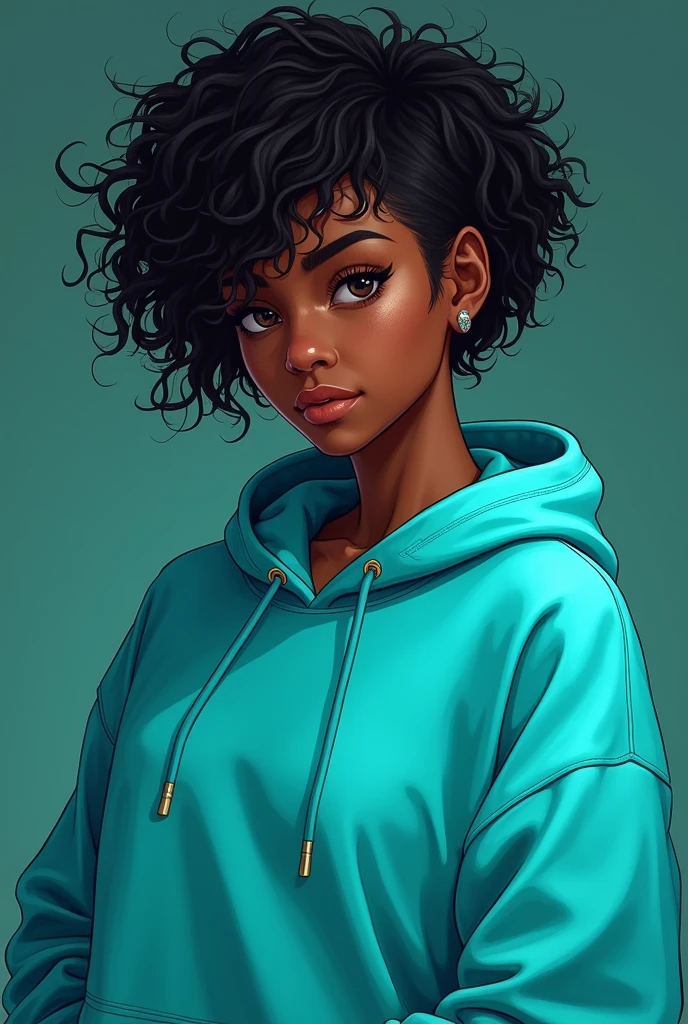 A BLACK Brazilian woman, wearing a loose turquoise sweatshirt , with short curly hair covering some of her face in the style of genshin impact.
