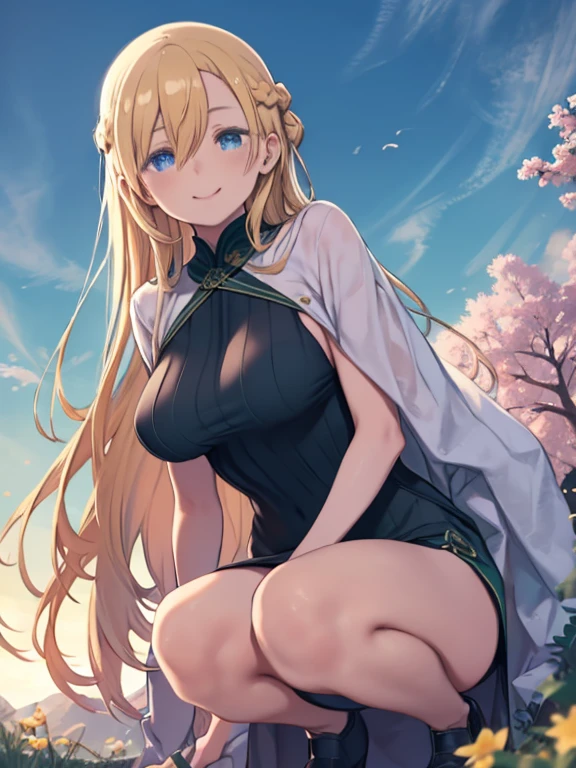 One Woman、squat、Angle from below、Blonde Hair、Hair between the eyes、long hair、Braid、Blue Eyes、Big Breasts、Watching the audience、Green clothes、Turtleneck sweater、Cape、Smiling、Panty shot、There are lots of flowers blooming behind、blue sky、Leaning forward、Touching your hair、
